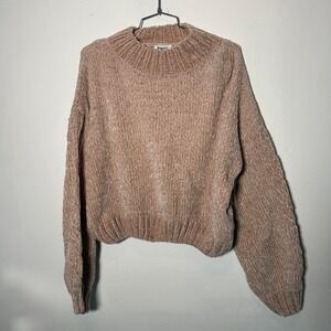 Princess Polly Chenille Knit Sweater Beige Tan Cropped Crew Neck Oversized M/L